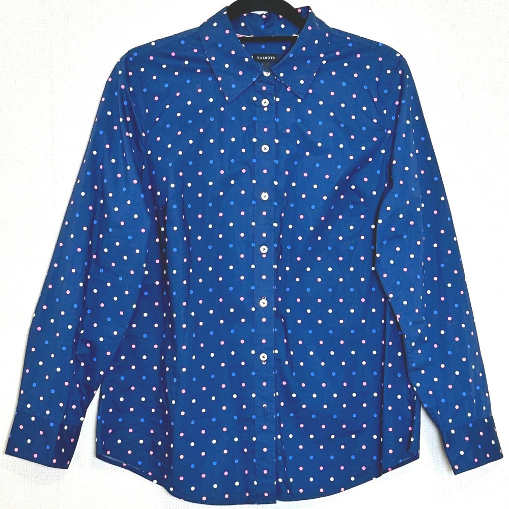 Talbots Navy Blue Multi Color Polka Dot 100% Cotton Button Down Shirt Womens Med